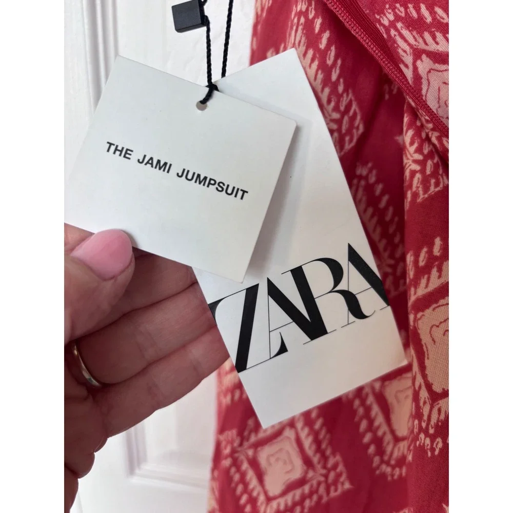 Zara The Jami Jumpsuit V-Neck Open Back Wide Leg Terracotta Print Small‎ NWT